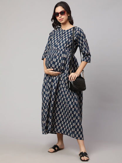 Women Blue Printed Flared Maternity Dress | LASVINI - Redefining Indian Fashion with Elegance