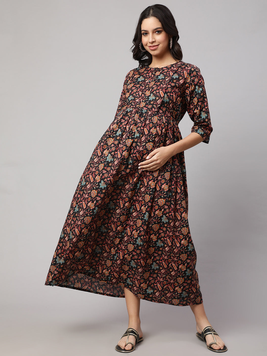 Women Black Printed Flared Maternity Dress | LASVINI - Redefining Indian Fashion with Elegance