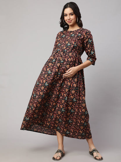 Women Black Printed Flared Maternity Dress | LASVINI - Redefining Indian Fashion with Elegance