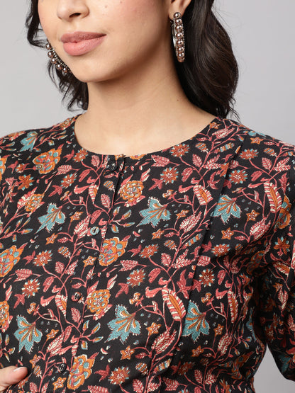 Women Black Printed Flared Maternity Dress | LASVINI - Redefining Indian Fashion with Elegance