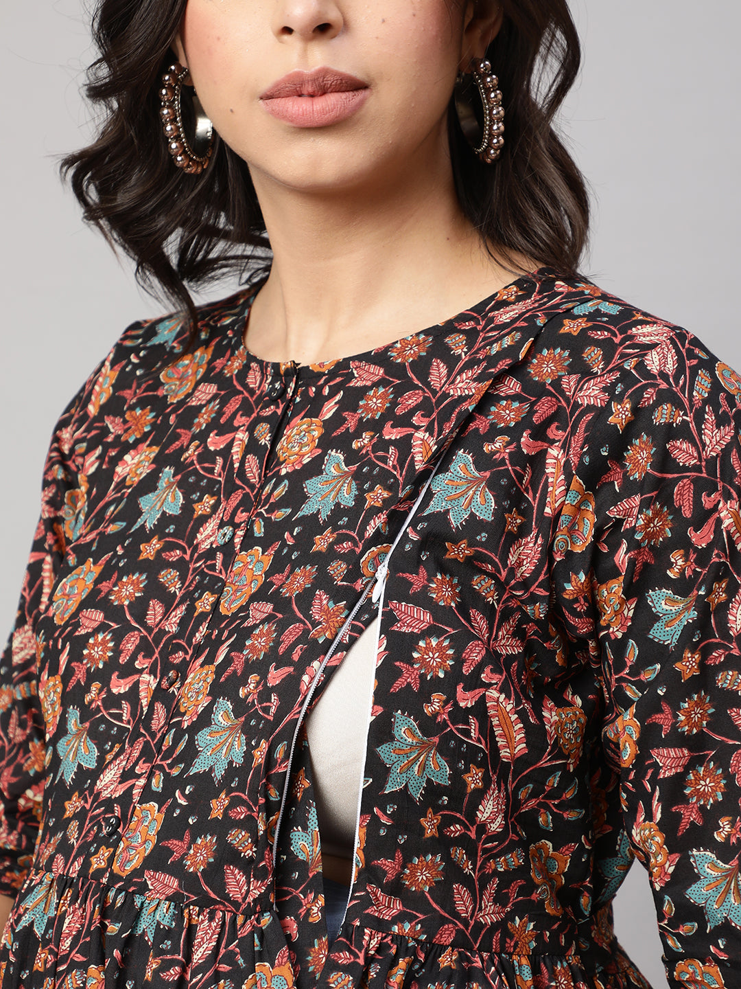 Women Black Printed Flared Maternity Dress | LASVINI - Redefining Indian Fashion with Elegance