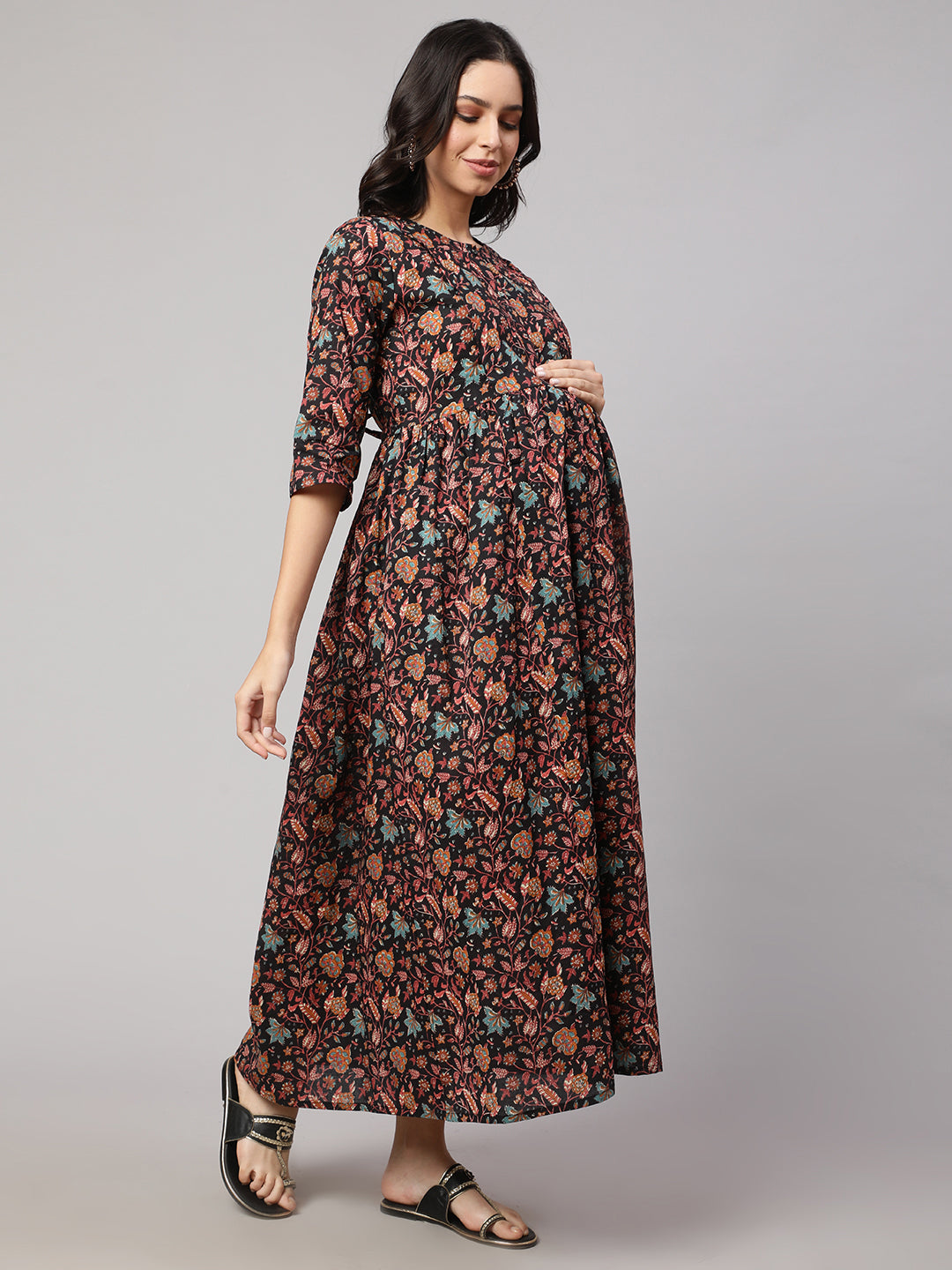 Women Black Printed Flared Maternity Dress | LASVINI - Redefining Indian Fashion with Elegance