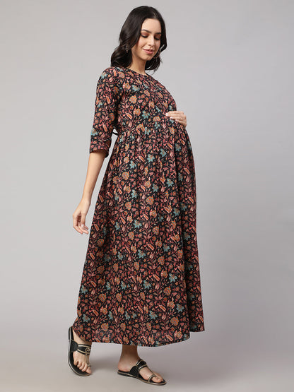 Women Black Printed Flared Maternity Dress | LASVINI - Redefining Indian Fashion with Elegance