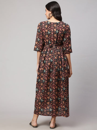 Women Black Printed Flared Maternity Dress | LASVINI - Redefining Indian Fashion with Elegance