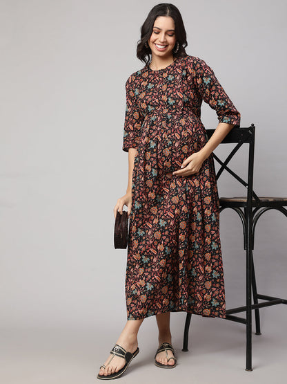 Women Black Printed Flared Maternity Dress | LASVINI - Redefining Indian Fashion with Elegance