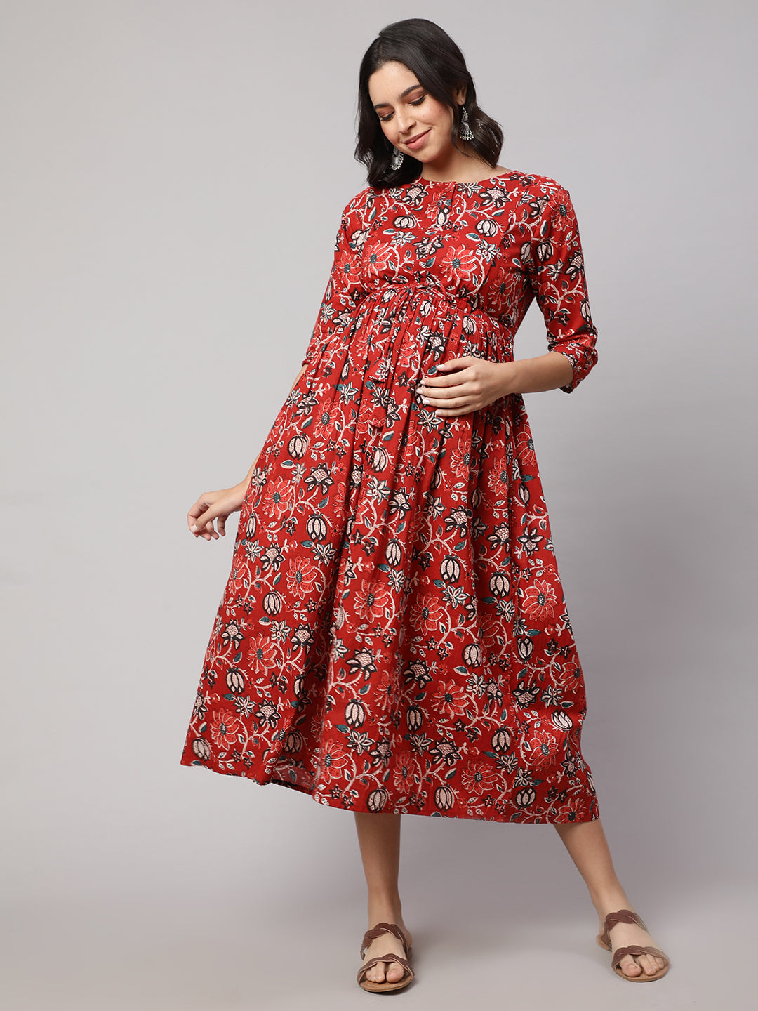 Women Red Floral Printed Flared Maternity Dress | LASVINI - Redefining Indian Fashion with Elegance