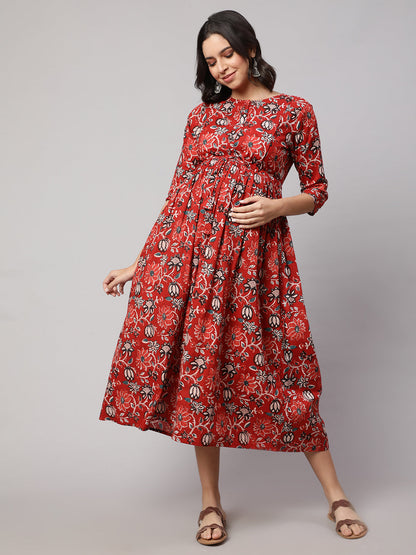 Women Red Floral Printed Flared Maternity Dress | LASVINI - Redefining Indian Fashion with Elegance