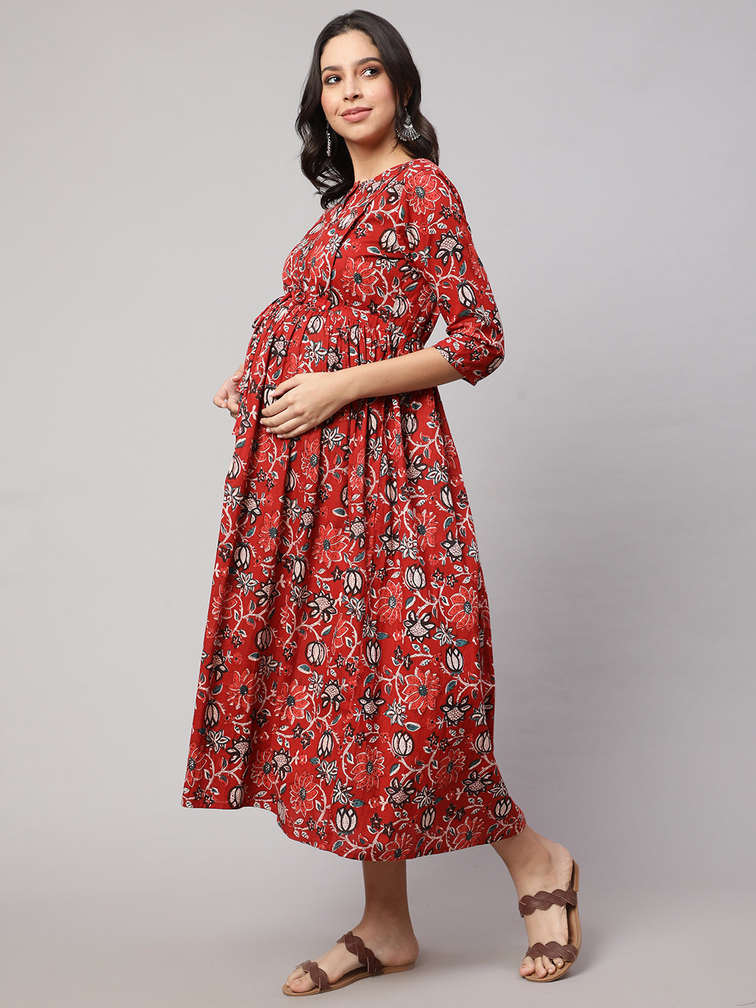 Women Red Floral Printed Flared Maternity Dress | LASVINI - Redefining Indian Fashion with Elegance