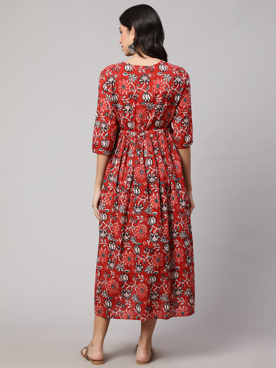 Women Red Floral Printed Flared Maternity Dress | LASVINI - Redefining Indian Fashion with Elegance