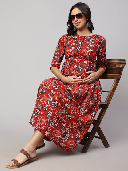 Women Red Floral Printed Flared Maternity Dress | LASVINI - Redefining Indian Fashion with Elegance