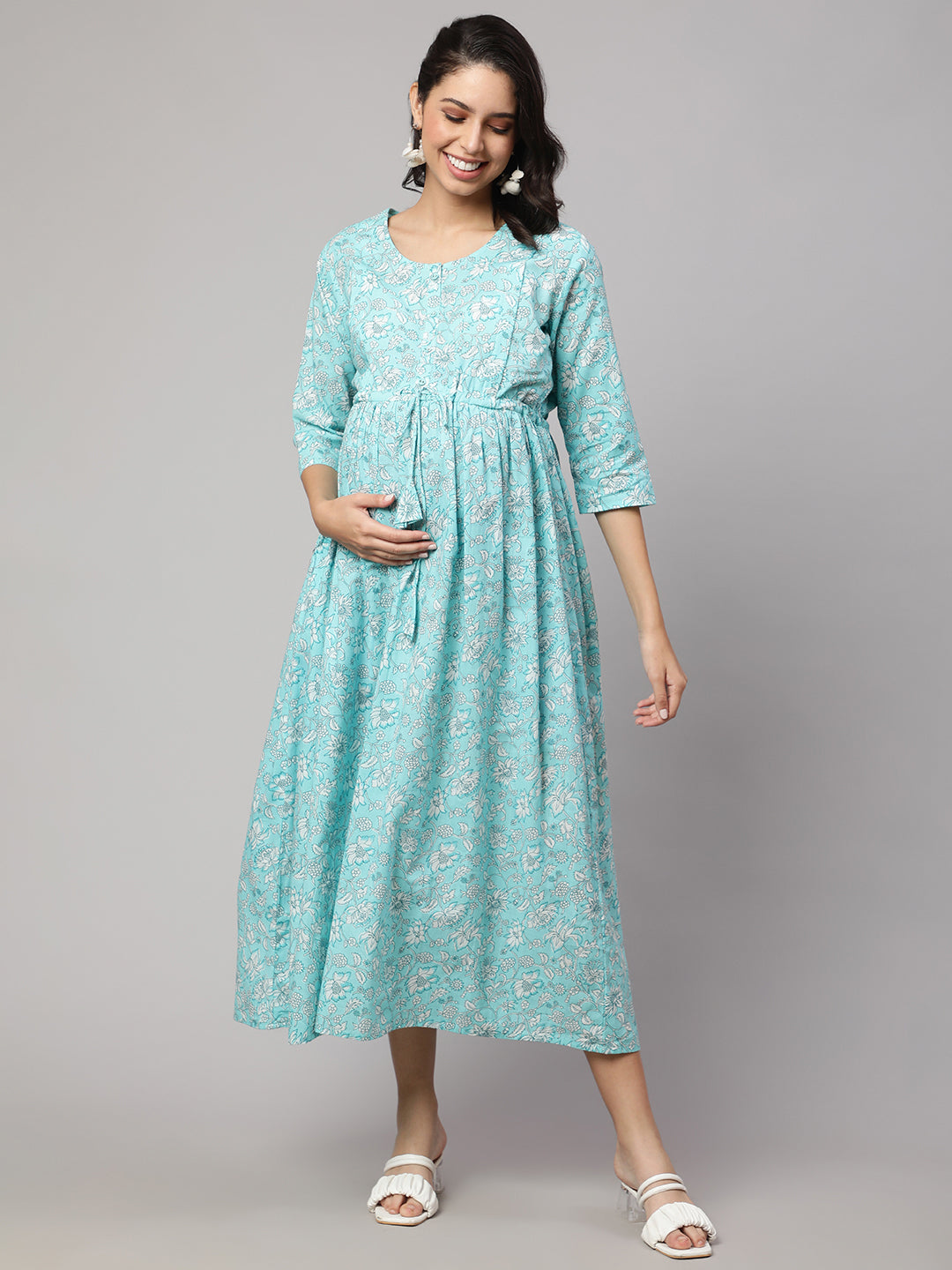 Women Blue Floral Printed Flared Maternity Dress | LASVINI - Redefining Indian Fashion with Elegance
