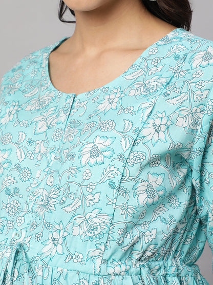 Women Blue Floral Printed Flared Maternity Dress | LASVINI - Redefining Indian Fashion with Elegance