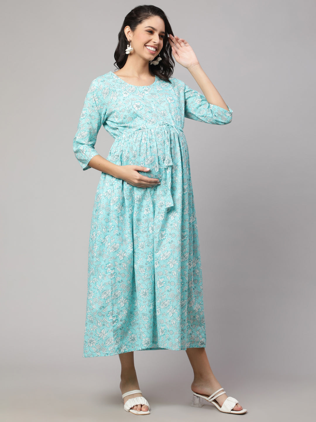 Women Blue Floral Printed Flared Maternity Dress | LASVINI - Redefining Indian Fashion with Elegance