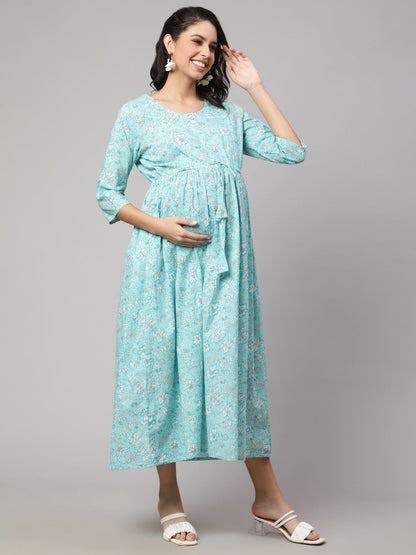 Women Blue Floral Printed Flared Maternity Dress | LASVINI - Redefining Indian Fashion with Elegance