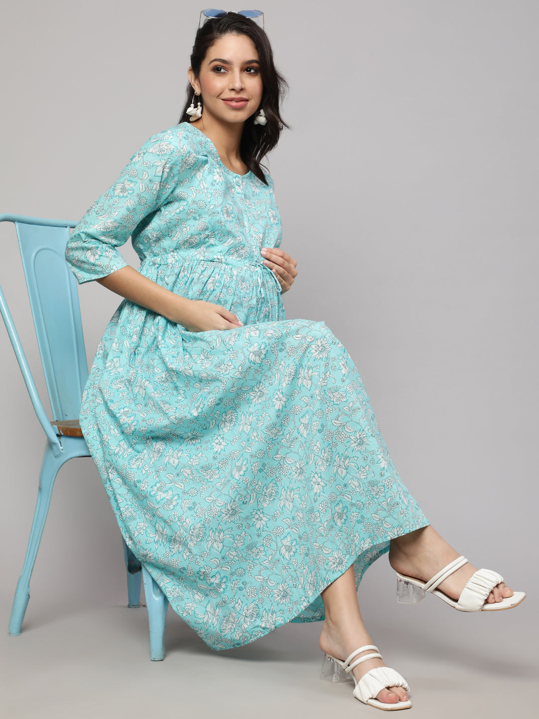 Women Blue Floral Printed Flared Maternity Dress | LASVINI - Redefining Indian Fashion with Elegance
