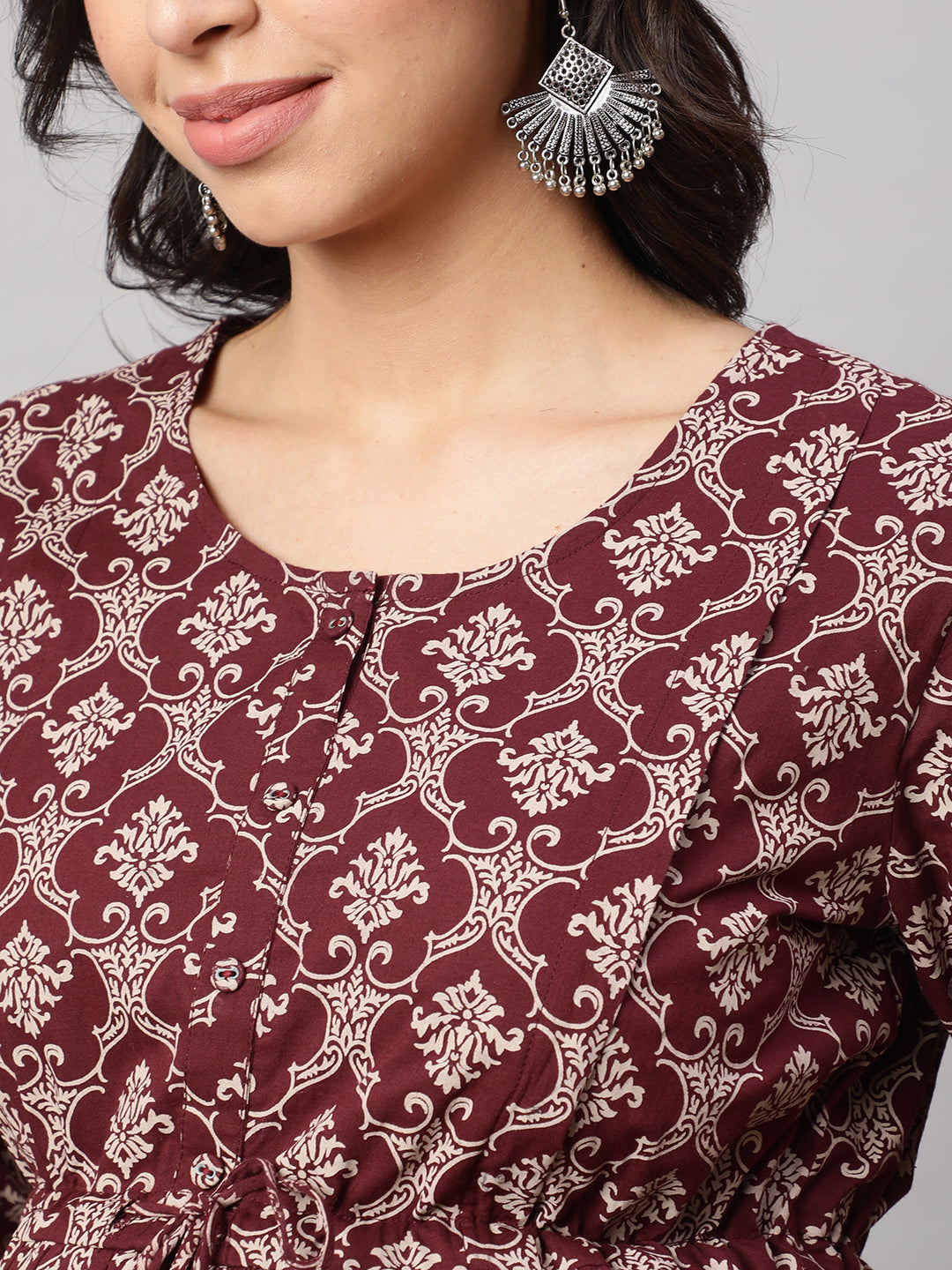 Women Burgundy Printed Maternity Dress | LASVINI - Redefining Indian Fashion with Elegance