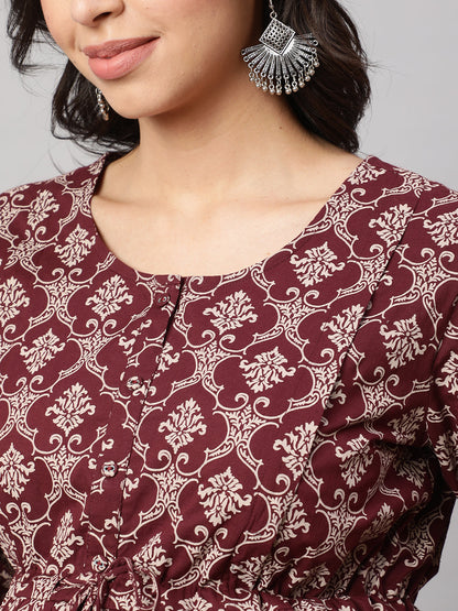 Women Burgundy Printed Maternity Dress | LASVINI - Redefining Indian Fashion with Elegance