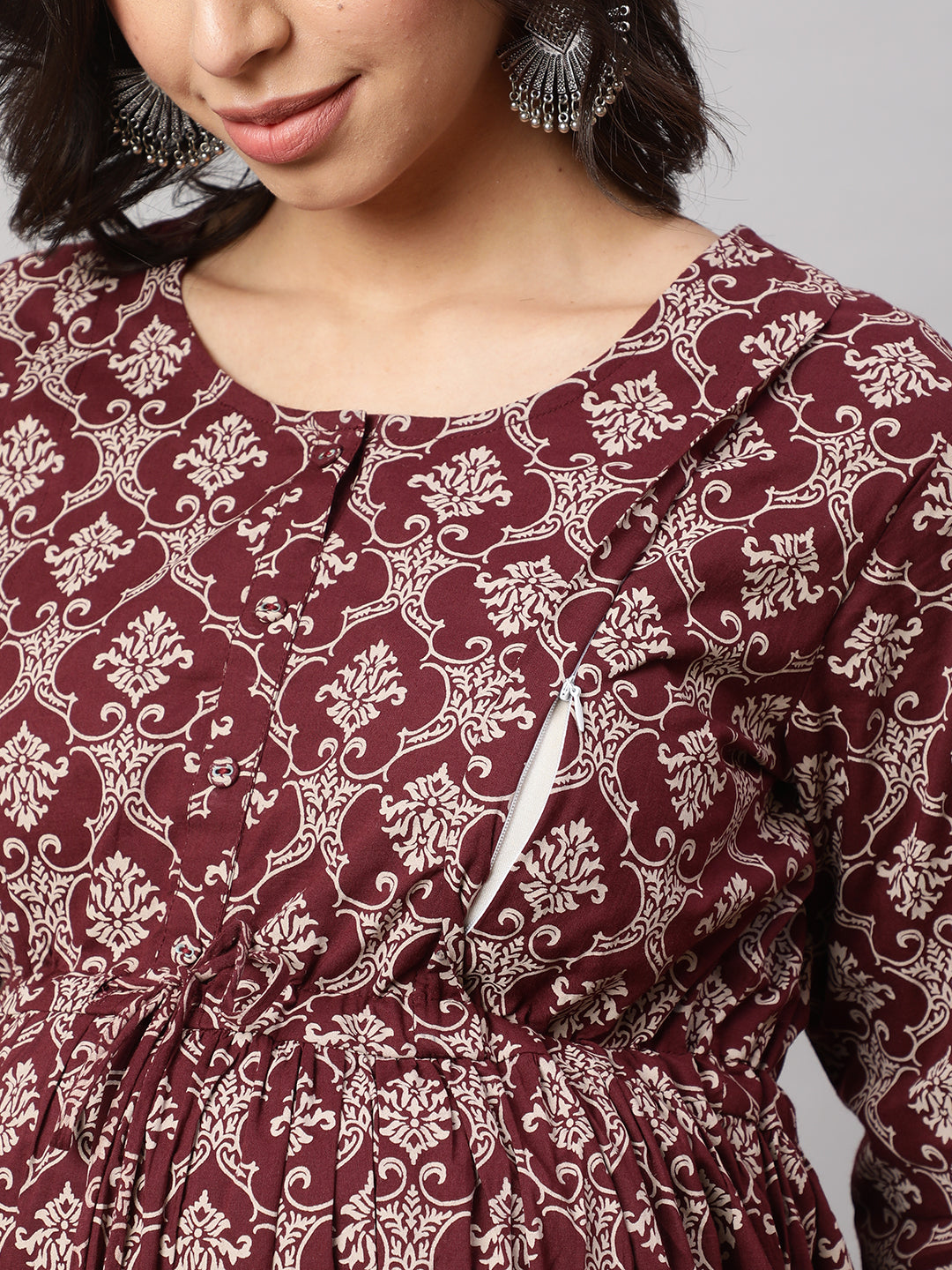 Women Burgundy Printed Maternity Dress | LASVINI - Redefining Indian Fashion with Elegance