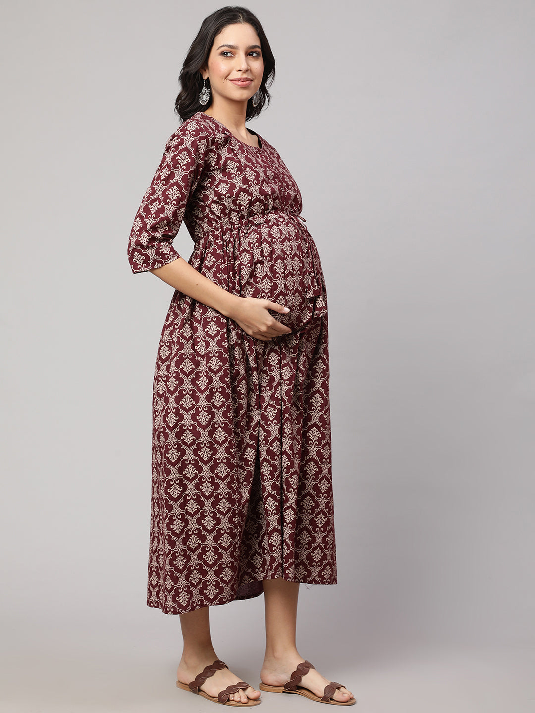 Women Burgundy Printed Maternity Dress | LASVINI - Redefining Indian Fashion with Elegance