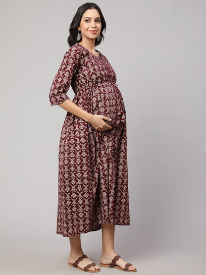 Women Burgundy Printed Maternity Dress | LASVINI - Redefining Indian Fashion with Elegance