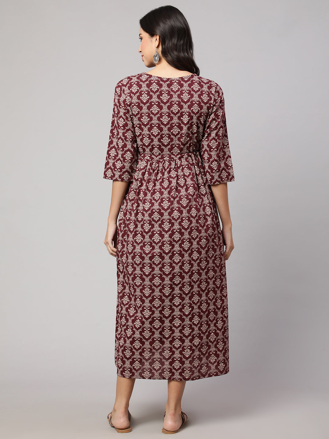 Women Burgundy Printed Maternity Dress | LASVINI - Redefining Indian Fashion with Elegance