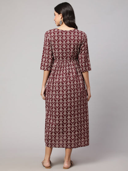 Women Burgundy Printed Maternity Dress | LASVINI - Redefining Indian Fashion with Elegance