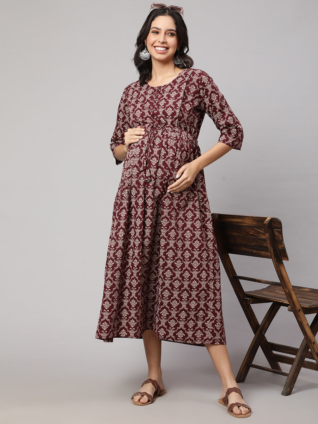 Women Burgundy Printed Maternity Dress | LASVINI - Redefining Indian Fashion with Elegance