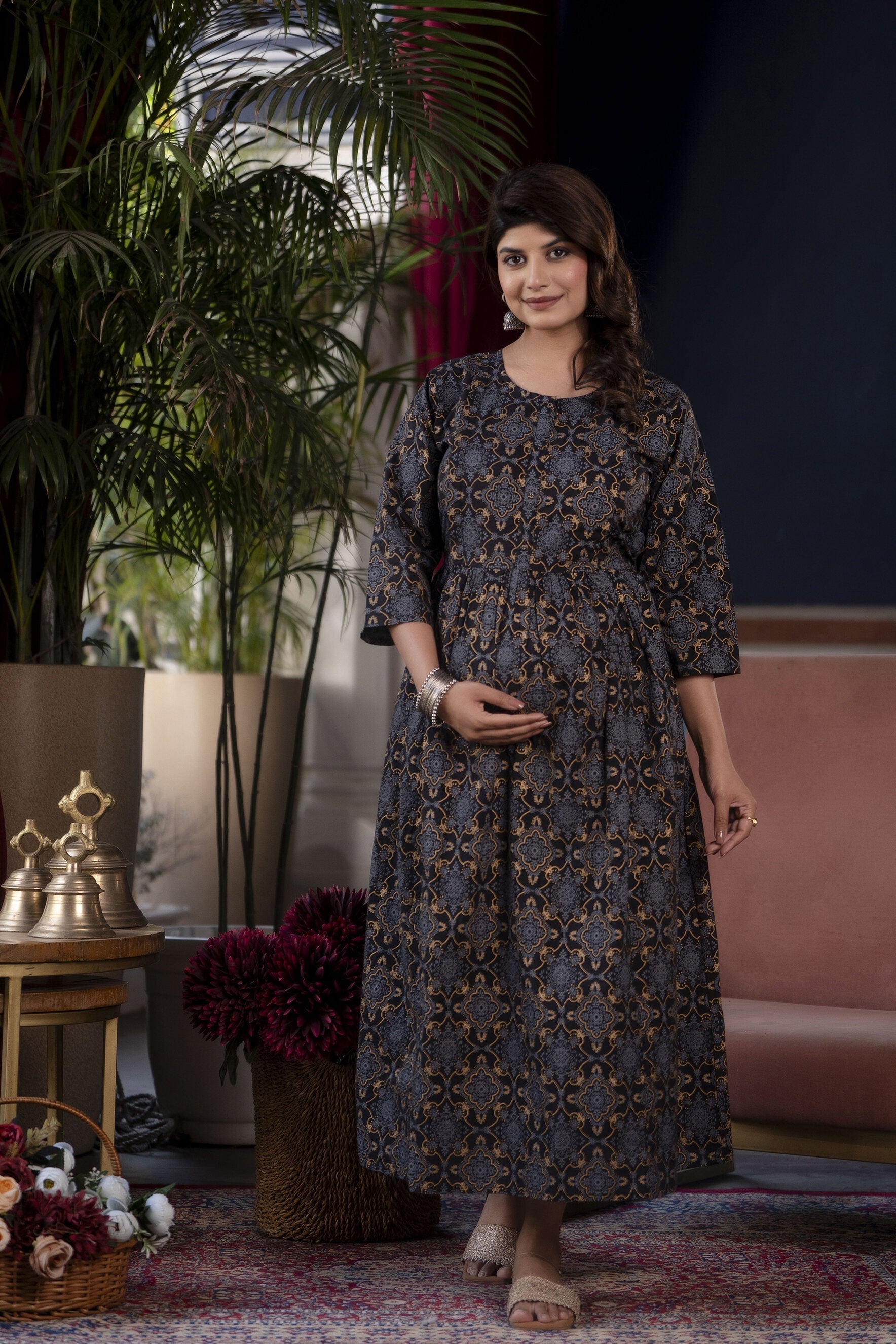 Women Black Printed Flared Maternity Dress | LASVINI - Redefining Indian Fashion with Elegance