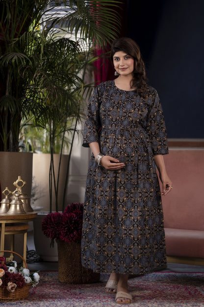 Women Black Printed Flared Maternity Dress | LASVINI - Redefining Indian Fashion with Elegance