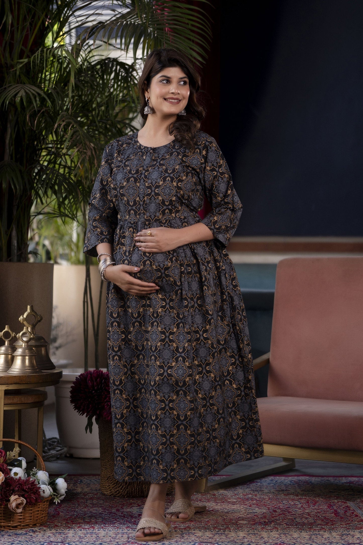 Women Black Printed Flared Maternity Dress | LASVINI - Redefining Indian Fashion with Elegance