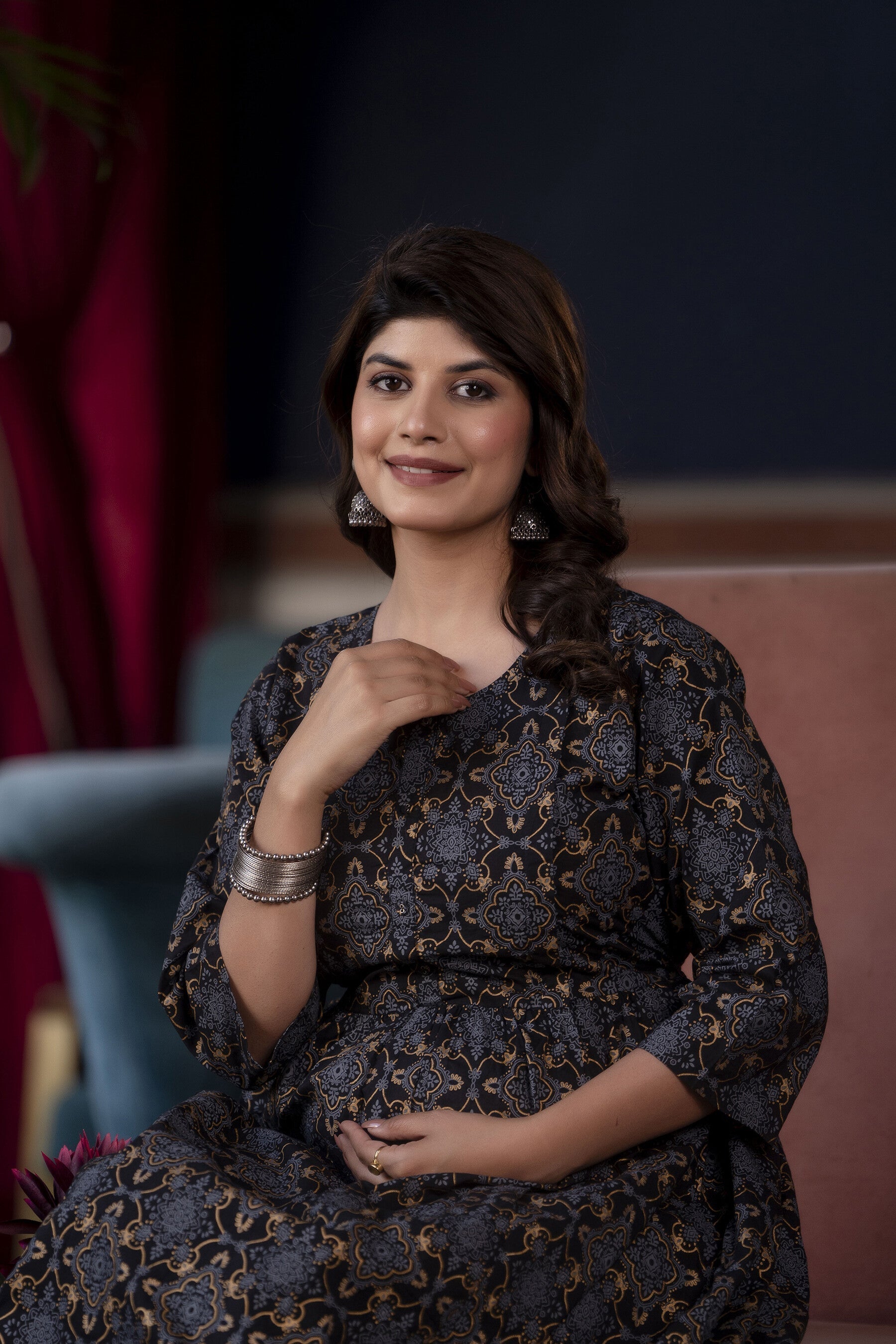 Women Black Printed Flared Maternity Dress | LASVINI - Redefining Indian Fashion with Elegance