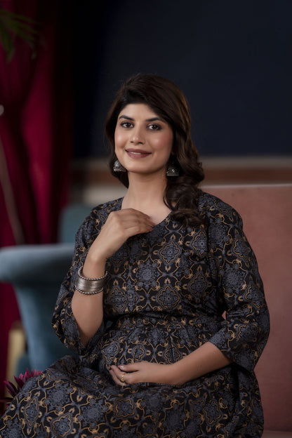 Women Black Printed Flared Maternity Dress | LASVINI - Redefining Indian Fashion with Elegance