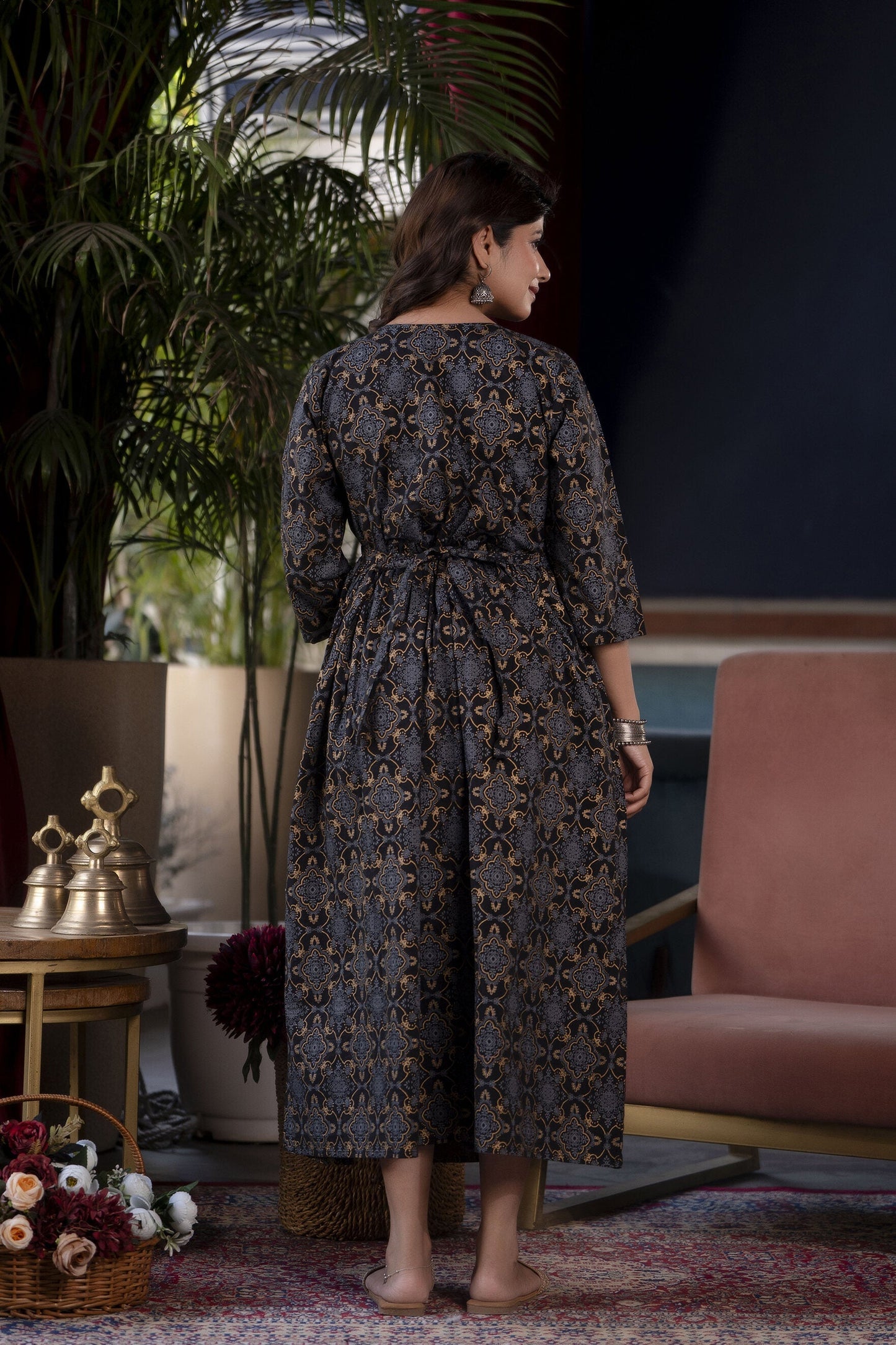 Women Black Printed Flared Maternity Dress | LASVINI - Redefining Indian Fashion with Elegance