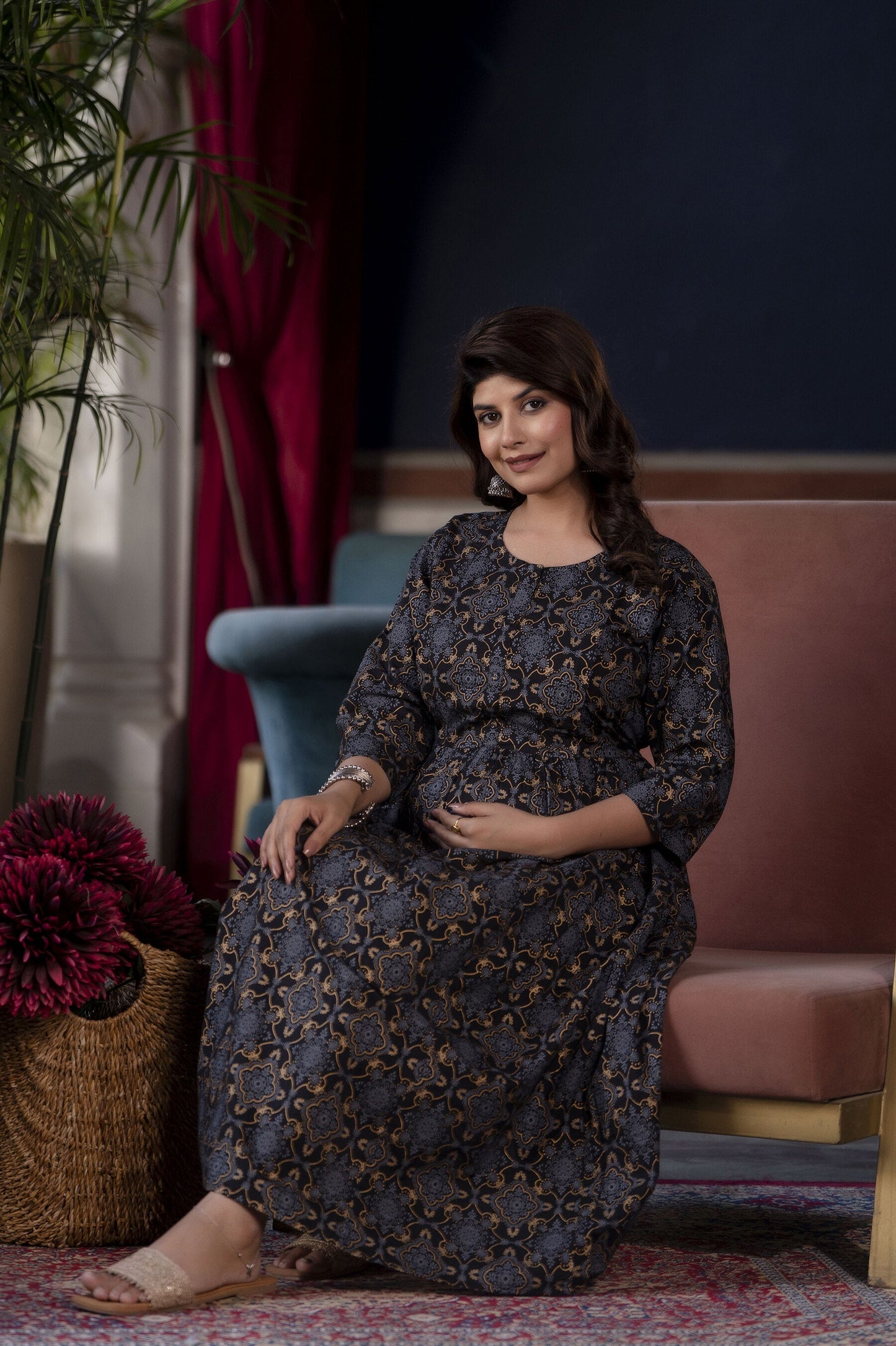 Women Black Printed Flared Maternity Dress | LASVINI - Redefining Indian Fashion with Elegance