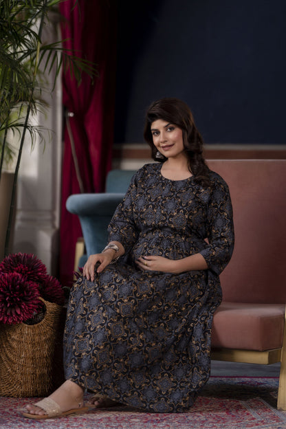 Women Black Printed Flared Maternity Dress | LASVINI - Redefining Indian Fashion with Elegance