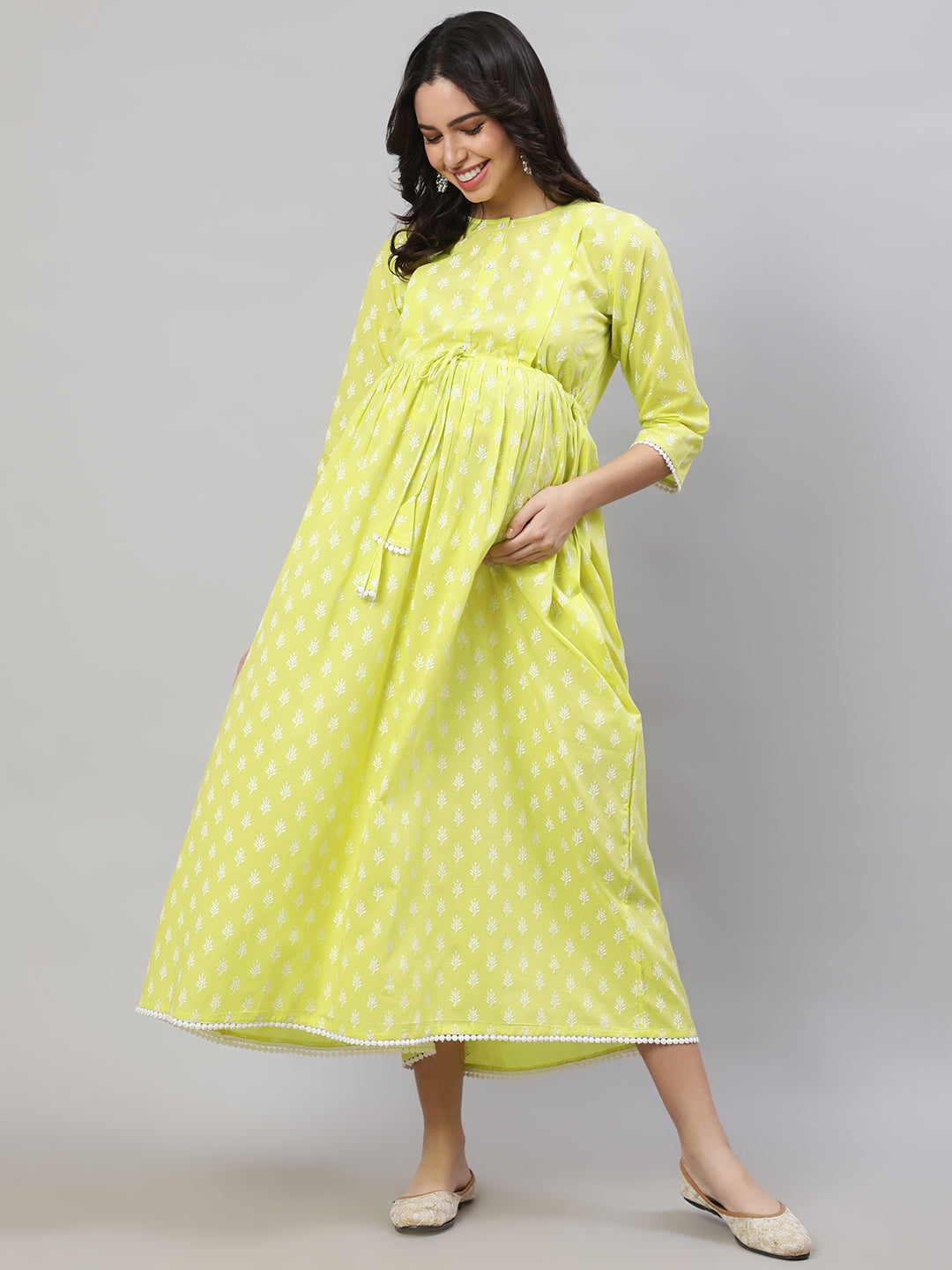 Women Yellow Printed Flared Maternity Dress | LASVINI - Redefining Indian Fashion with Elegance