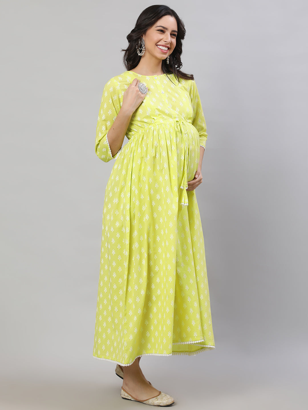 Women Yellow Printed Flared Maternity Dress | LASVINI - Redefining Indian Fashion with Elegance