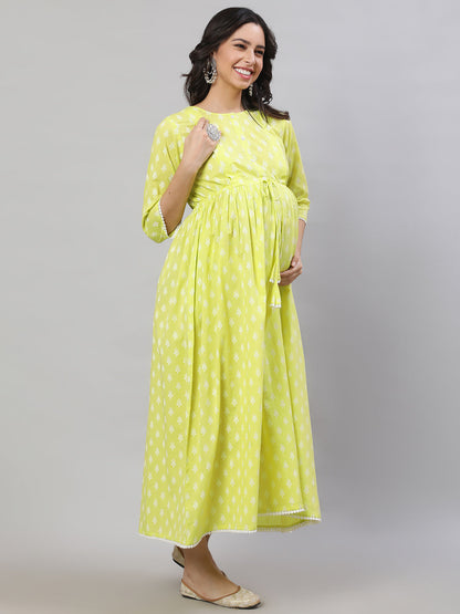 Women Yellow Printed Flared Maternity Dress | LASVINI - Redefining Indian Fashion with Elegance