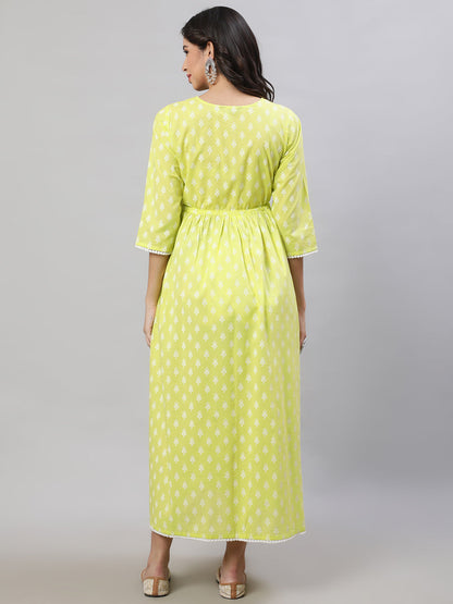 Women Yellow Printed Flared Maternity Dress | LASVINI - Redefining Indian Fashion with Elegance