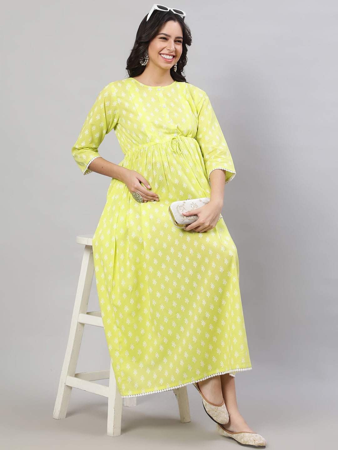Women Yellow Printed Flared Maternity Dress | LASVINI - Redefining Indian Fashion with Elegance