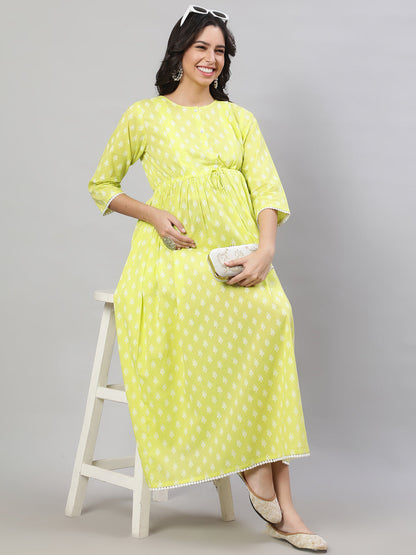 Women Yellow Printed Flared Maternity Dress | LASVINI - Redefining Indian Fashion with Elegance