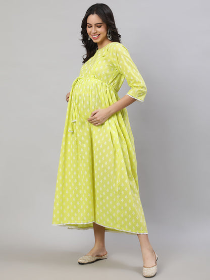 Women Yellow Printed Flared Maternity Dress | LASVINI - Redefining Indian Fashion with Elegance
