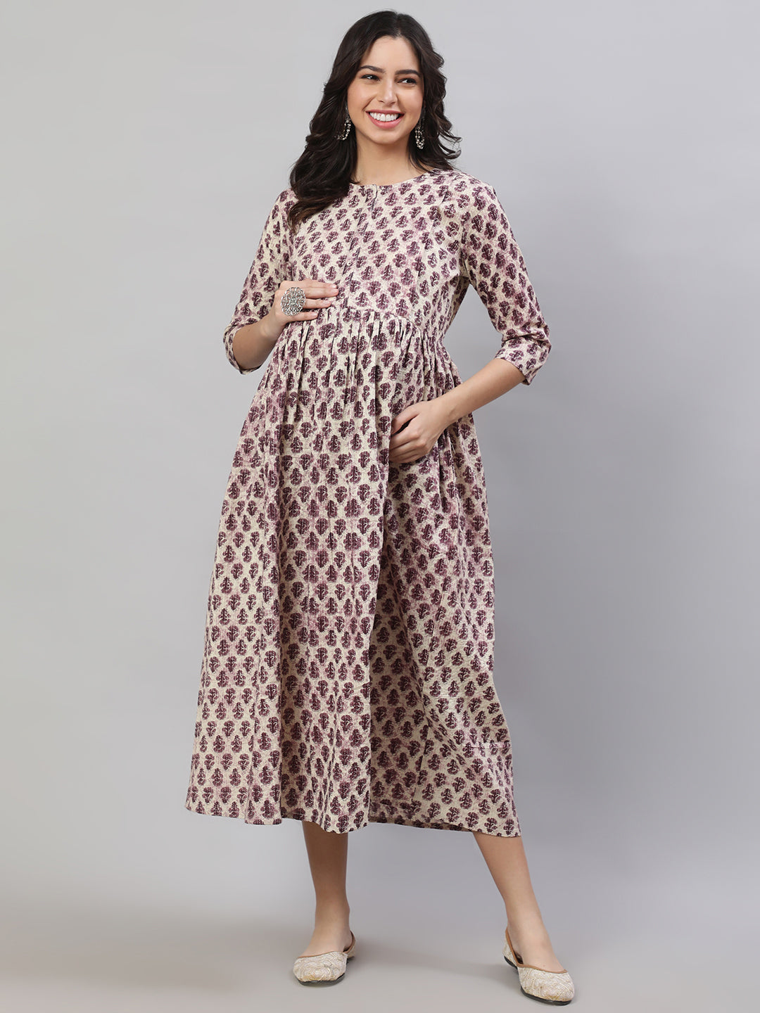 Women Beige Printed Flared Maternity Dress | LASVINI - Redefining Indian Fashion with Elegance