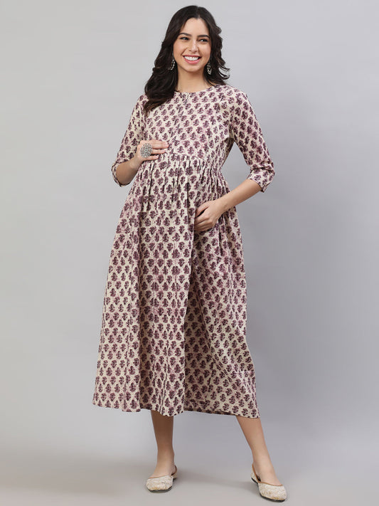 Women Beige Printed Flared Maternity Dress | LASVINI - Redefining Indian Fashion with Elegance