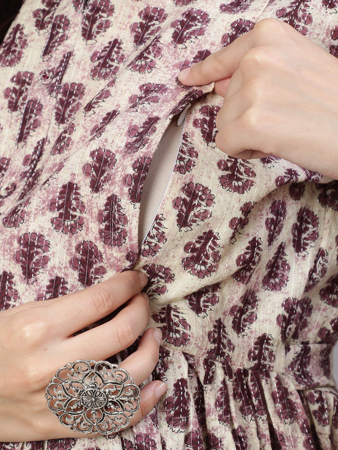 Women Beige Printed Flared Maternity Dress | LASVINI - Redefining Indian Fashion with Elegance