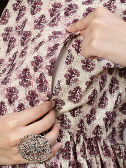 Women Beige Printed Flared Maternity Dress | LASVINI - Redefining Indian Fashion with Elegance