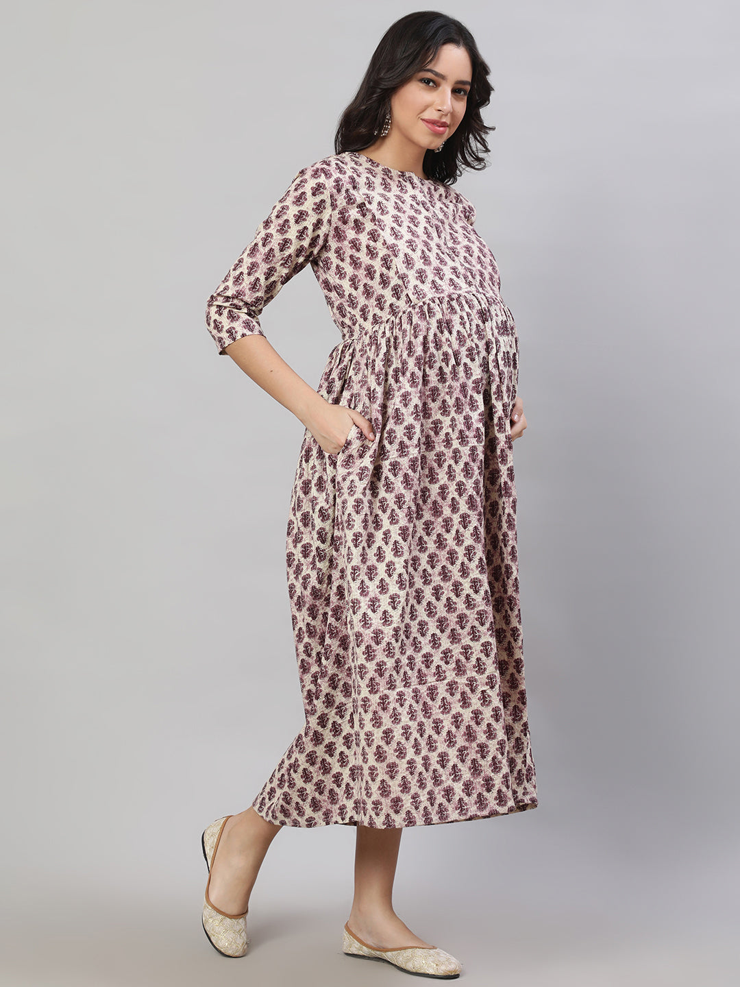 Women Beige Printed Flared Maternity Dress | LASVINI - Redefining Indian Fashion with Elegance