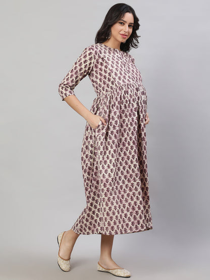 Women Beige Printed Flared Maternity Dress | LASVINI - Redefining Indian Fashion with Elegance