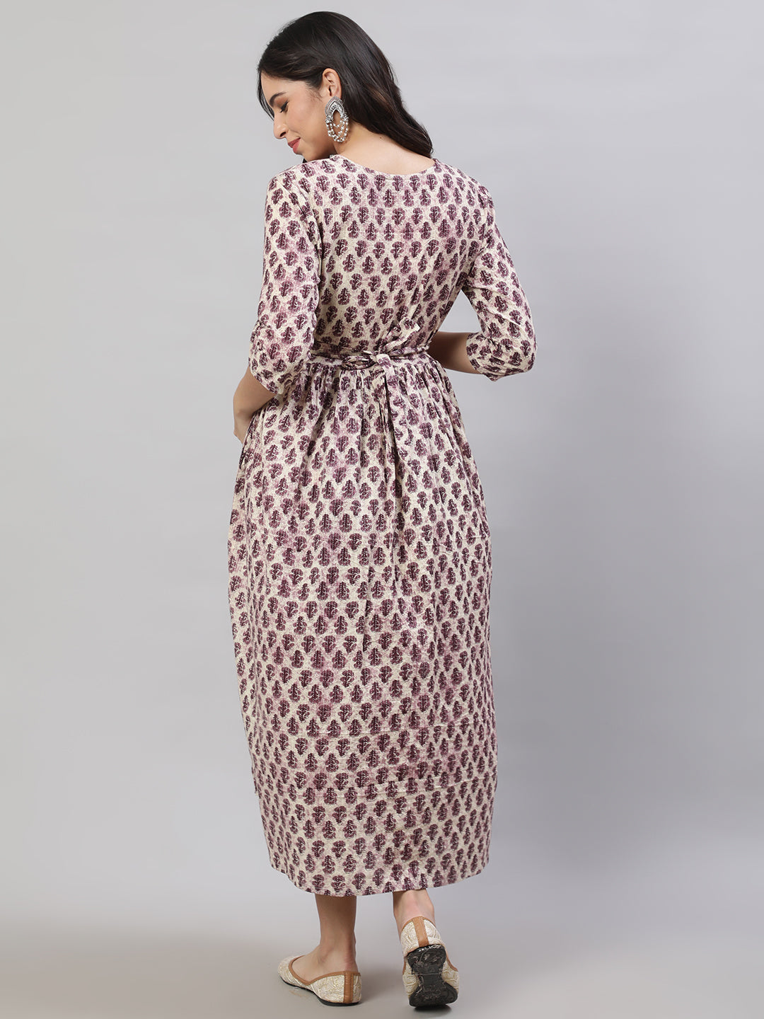 Women Beige Printed Flared Maternity Dress | LASVINI - Redefining Indian Fashion with Elegance