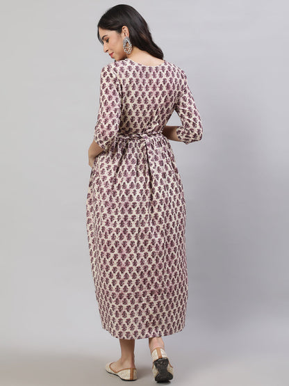 Women Beige Printed Flared Maternity Dress | LASVINI - Redefining Indian Fashion with Elegance